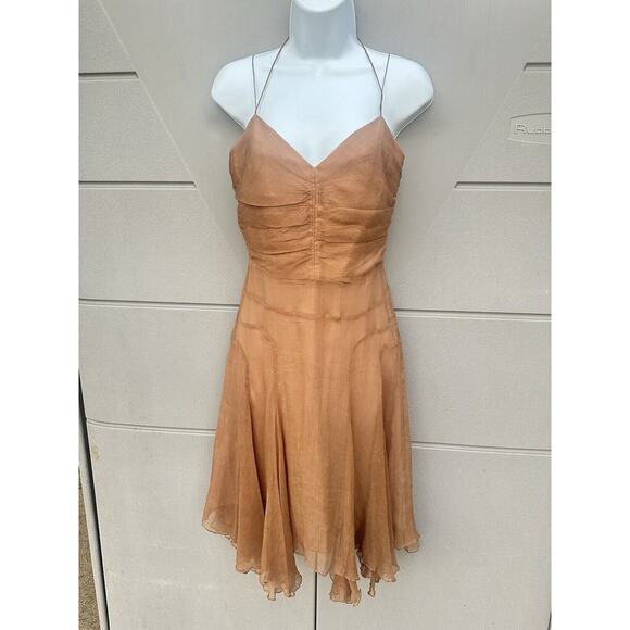 VTG Forever 21 100% Silk Slip Fairycore Corset Bustier Mini Dress Sz Small Camel - Picture 1 of 10